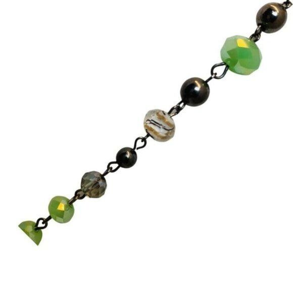 Vintage Lime Green Faceted Glass Sparkly Beaded Gunmetal Station Necklace 40” - Picture 4 of 8